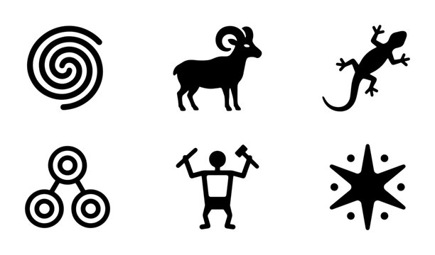 Ancient Symbols Vector Icons, Tribal Art Motifs, Primitive Petroglyphs, Geometric Designs