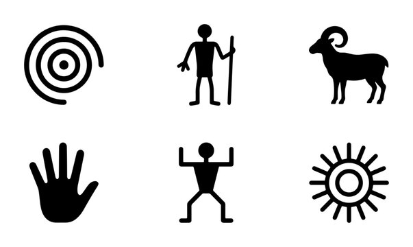 Ancient Petroglyph Icons: Human, Ram, Sun, Hand, Target Symbols