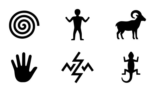 Ancient Petroglyph Icons: Spiral, Human, Ram, Hand, Symbol, Lizard