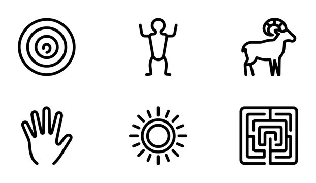 Ancient Petroglyph Icons: Sun, Ram, Hand, Maze, Spiral, Figure