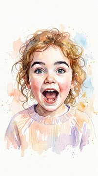 Peinture &agrave; l'aquarelle artistique d'une petite fille rousse exprimant la surprise et la joie