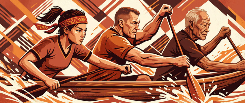 Illustration dynamique d'une &eacute;quipe de rameurs sur une pirogue en pleine course sportive