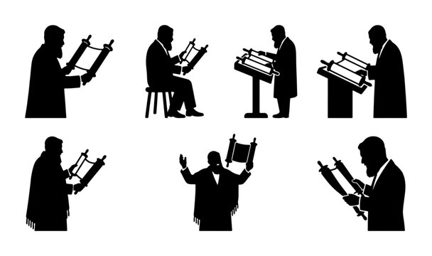 Torah Scroll Reading Silhouettes, Religious Study Icons, Jewish Tradition Vector Set