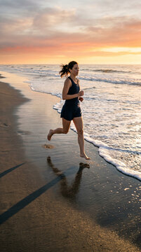Femme en tenue de sport courant pieds nus sur le sable mouill&eacute; au bord de la mer