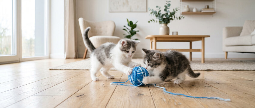 Deux jeunes chatons gris et blancs jouant ensemble avec une pelote de laine bleue au salon