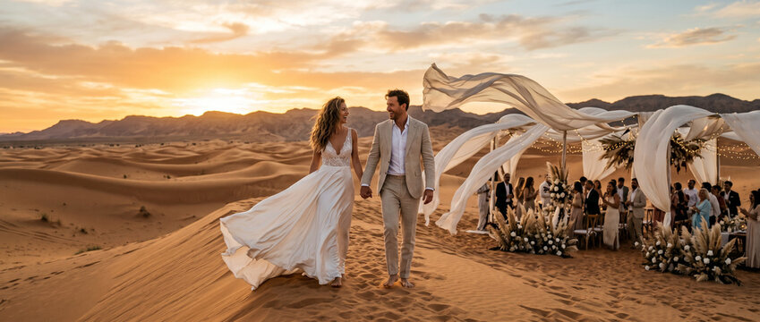 Mari&eacute;s marchant main dans la main dans les dunes de sable du d&eacute;sert au coucher du soleil