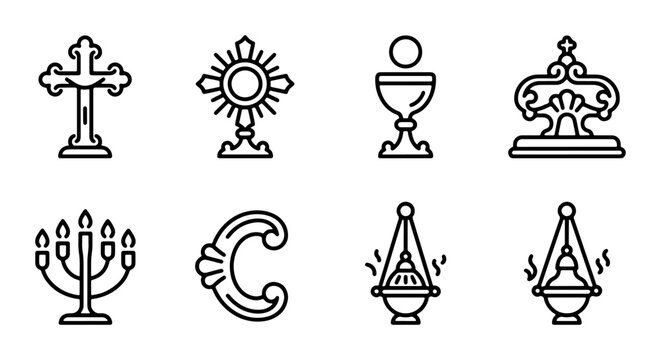 Religious Icons Set, Christian Symbols, Catholic Worship Elements, Vector Graphics