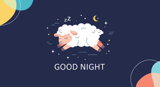 Cute white sheep sleeping peacefully under a starry night sky with a crescent moon and Good Night text for a bedtime theme.