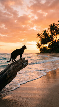 Silhouette de chat noir sur un tronc d'arbre face &agrave; une plage tropicale au coucher du soleil