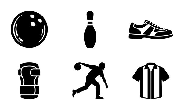 Bowling Icons Set: Ball, Pin, Shoe, Glove, Player, Shirt, Sport Graphics