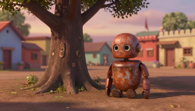 Rusty lonely robot sitting under village tree