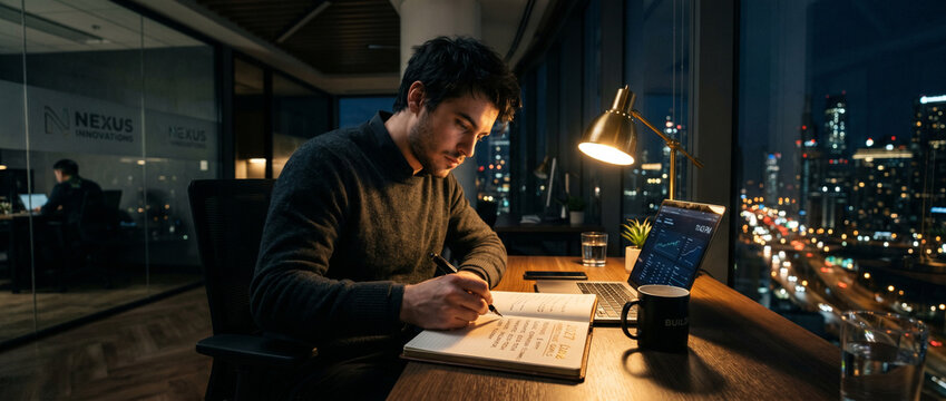 Professionnel travaillant tard le soir dans un bureau avec vue sur la ville