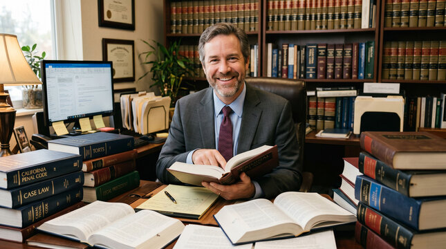 Avocat souriant travaillant dans un bureau de droit avec des livres juridiques