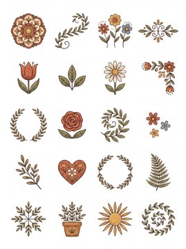 Folk Art Floral and Botanical Elements in Earthy Tones