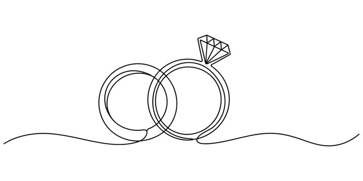 Continuous single line drawing of two connected wedding rings with a diamond engagement ring symbol isolated on a clean plain white background Vector, illustration