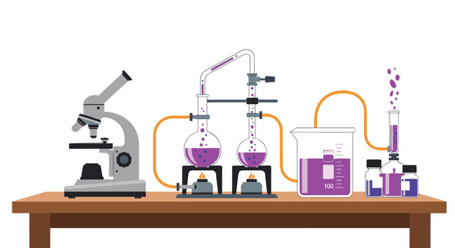 Scientific laboratory setup on a wooden table with a microscope, flasks with purple liquid, and various glass tubes.