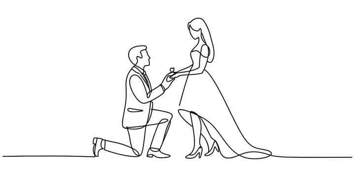 Continuous single line drawing of a man kneeling and proposing to a woman with an engagement ring isolated on a white background Vector, illustration