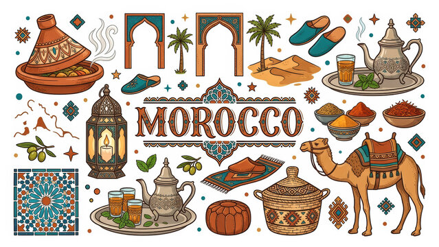 Morocco travel illustration set with tagine, mint tea, lantern, camel, spices, zellige tile, archways, babouche slippers and palm trees