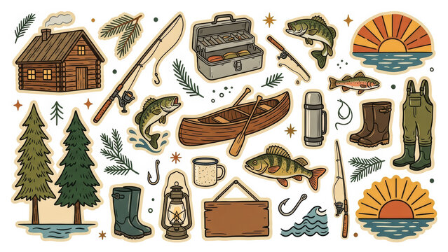 Vintage outdoor adventure collection with cabin, canoe, fishing gear, fish and pine trees featuring lake sunset stickers on white background.