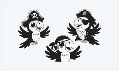 Obraz premium Cute Cartoon Parrot Pirate with Eye Patch, Nautical Character.line art icon set vector illustration