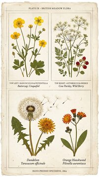 Vintage botanical plate of british meadow flora, hand-pressed plants