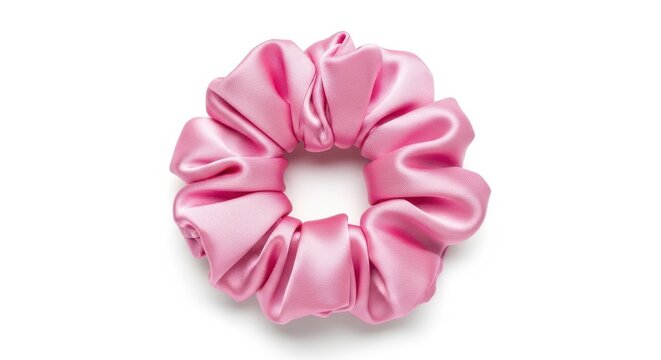 Pink satin scrunchie isolated on white background