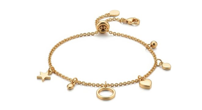 Gold Charm Bracelet On White Background Delicate Chain And Pendants