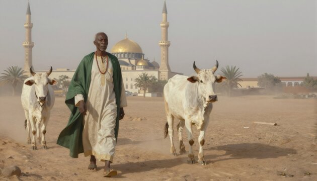 African man leading zebu cattle near mosque