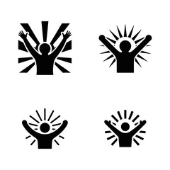 Fototapeta premium Four black featuring a person with arms raised, surrounded by sunburst rays, isolated on a white background, style