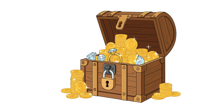 Open wooden treasure chest overflowing with gold coins, sparkling diamonds, and a precious gold ring on a plain background.
