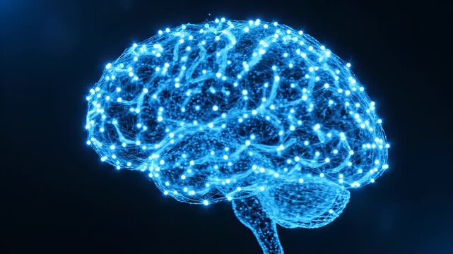 Digital brain network with glowing blue lights on dark background
