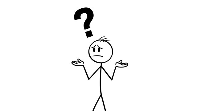A simple black and white stick figure cartoon character shrugging with a question mark above its head, indicating confusion or uncertainty.