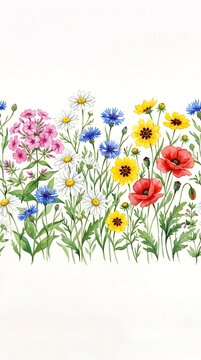 Watercolor border of wildflowers, poppies, daisies, and cornflowers