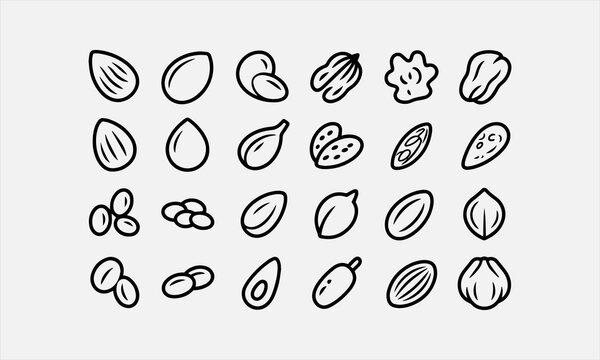 Nuts and seeds black line icons set. Nuts are the hard shelled fruit of certain plants. line art icon set vector illustration