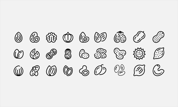Nuts and seeds black line icons set. Nuts are the hard shelled fruit of certain plants. line art icon set vector illustration