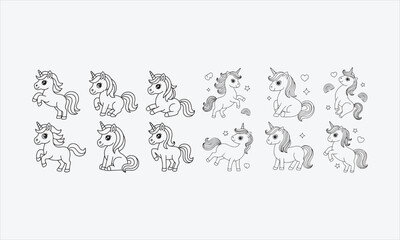 Fototapeta premium Outline cute unicorns for coloring. Unicorns line art icon set vector illustration