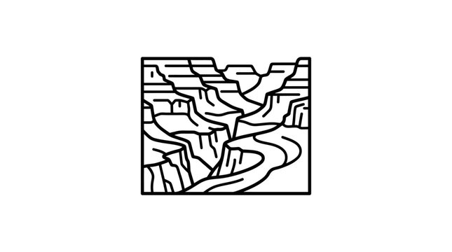 A simple black line drawing of a deep rocky canyon landscape