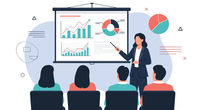 Professional female presenter showing data charts and graphs on a projector screen to a group of people during a business meeting or seminar.