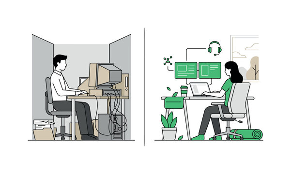 Split scene showing left side office-bound work with confined space and static elements, right side remote work with flexible