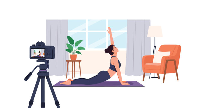 Young woman practicing yoga at home in the cobra pose while recording a video tutorial with a camera on a tripod for her online audience.