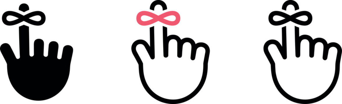 Set of hand icons with infinity string tied around the finger as a reminder symbol in flat style