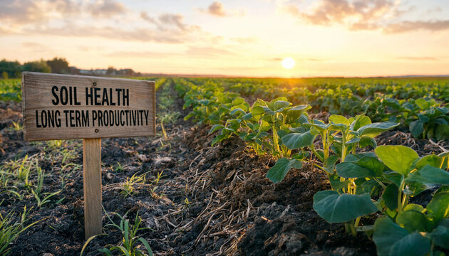 Agricultural sign about soil health and long term productivity in corn field at sunset with productivity agriculture sustainability management conservation environment cultivation