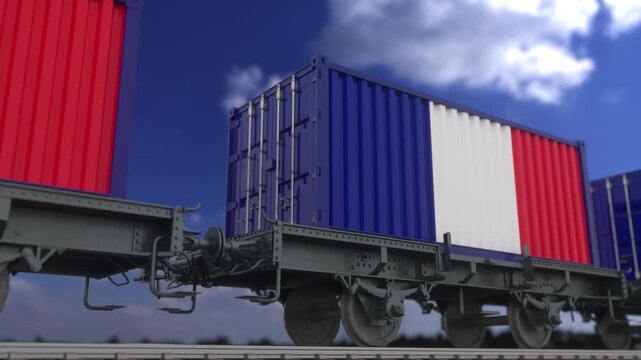 French flag shipping containers on cargo train animation motion video