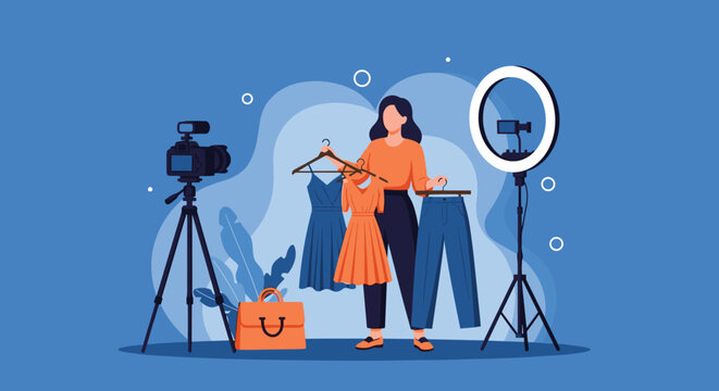 Young influencer records a fashion vlog using a professional camera and a large ring light in a blue studio set.