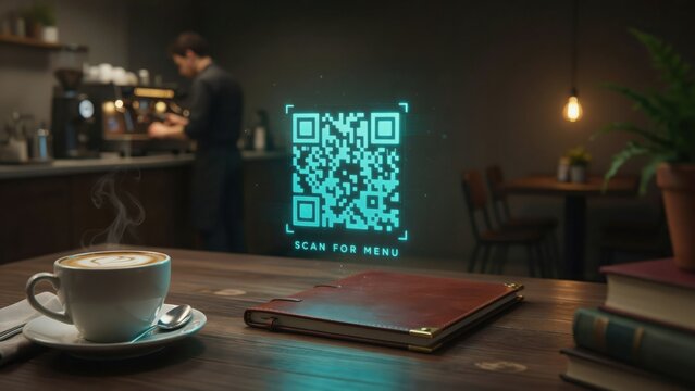 Holographic QR code for scanning menu in a cafe with a barista in background