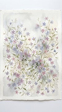 Watercolor painting of delicate blue and pink wildflowers on paper