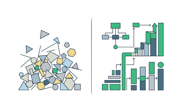 Split scene showing left side underdeveloped skills with scattered elements and low structure, right side strong professional