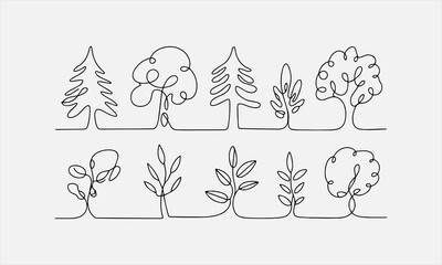 Naklejka premium Tree plant doodle outline vector forest environment set vector illustration