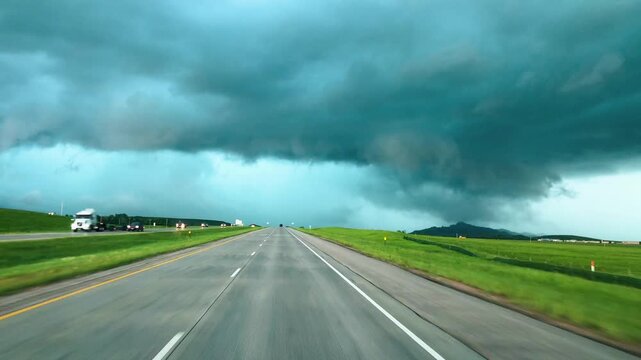 Storm approaching seen from car driving toward dark clouds and bad weather