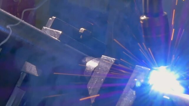 In a mesmerizing close-up, watch as an industrial argon welding robot performs its craft. Sparks fly and smoke swirls, showcasing the beauty and precision of automation in metalwork.
